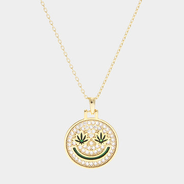 Madeline Love Clear, Gold Gold Dipped Hemp Leaf Pointed CZ Smile Pendant Necklace - Necklaces