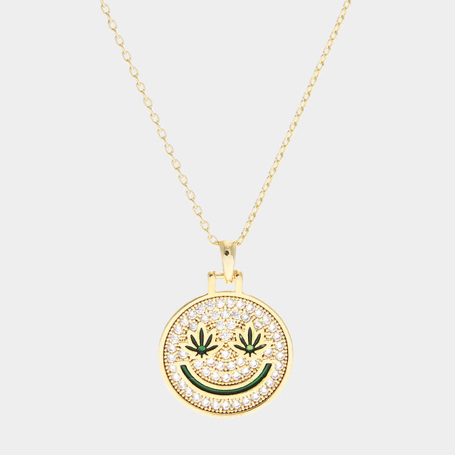 Madeline Love Clear, Gold Gold Dipped Hemp Leaf Pointed CZ Smile Pendant Necklace - Necklaces