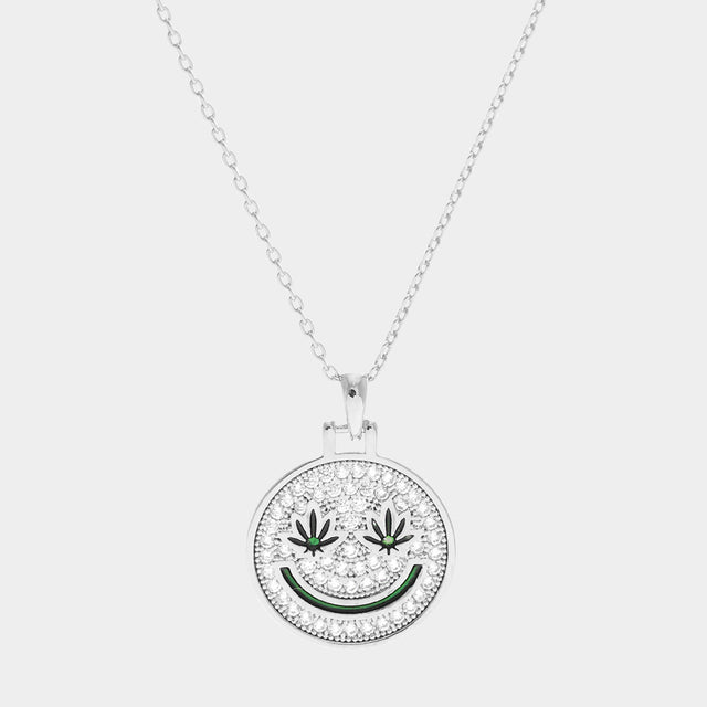 Madeline Love Clear, Rhodium White Gold Dipped Hemp Leaf Pointed CZ Smile Pendant Necklace - Necklaces