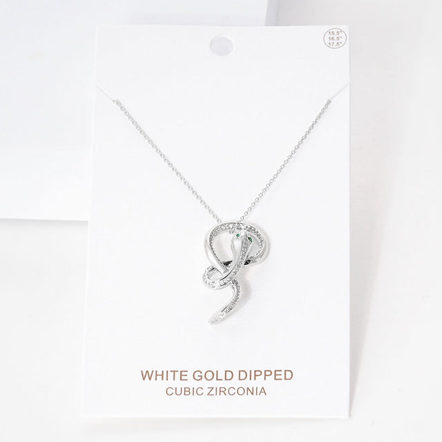 Madeline Love Rhodium White Gold Dipped CZ Embellished Metal Snake Pendant Necklace - Necklaces