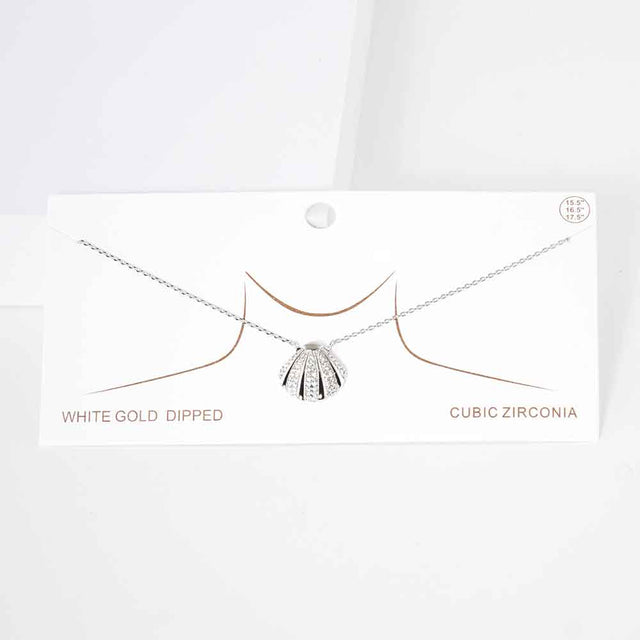 Madeline Love Rhodium White Gold Dipped CZ Embellished Metal Shell Pendant Necklace - Jewelry