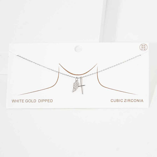 White Gold Dipped CZ Embellished Metal Wing Cross Pendant Necklace - Rhodium