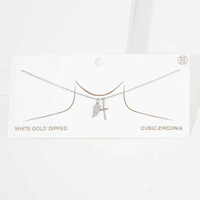 Madeline Love Rhodium White Gold Dipped CZ Embellished Metal Wing Cross Pendant Necklace - Jewelry