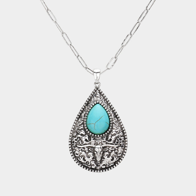Madeline Love Silver Burnished, Turquoise Western Teardrop Turquoise Stone Pointed Teardrop Plate Pendant Necklace - Jewelry