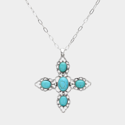 Oval Western Turquoise Stone Pointed Cross Pendant Necklace - Silver Burnished, Turquoise