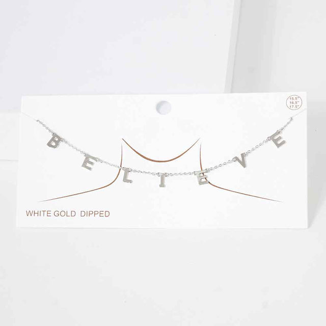 Madeline Love Rhodium BELIEVE White Gold Dipped Metal Message Pendant Station Necklace - Necklaces