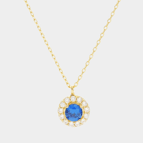Gold Dipped CZ Round Pendant Necklace - Gold, Sapphire