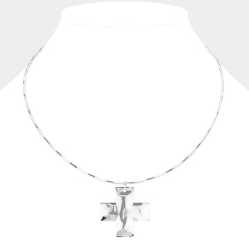 Madeline Love Rhodium Hammered Metal Cross Pendant Necklace - Necklaces