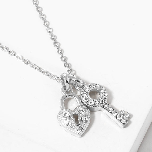 Madeline Love Clear, Rhodium Rhinestone Paved Key Heart Lock Pendant Necklace - Jewelry