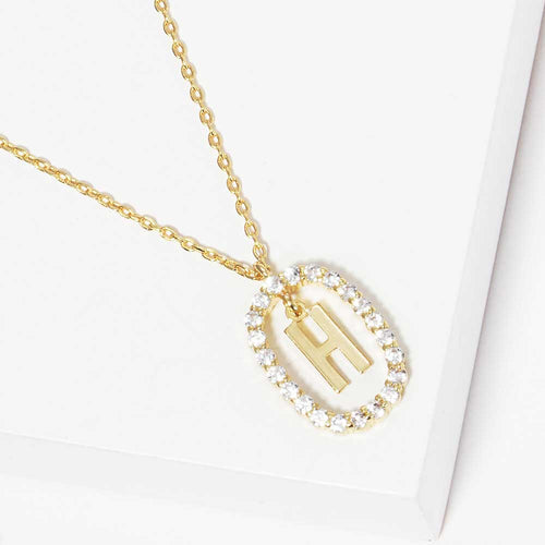-H- Gold Dipped Metal Initial Monogram Rhinestone Oval Link Pendant Necklace - Gold