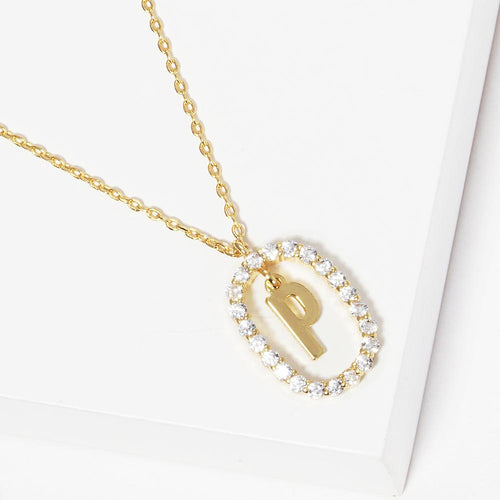 -P- Gold Dipped Metal Initial Monogram Rhinestone Oval Link Pendant Necklace - Gold