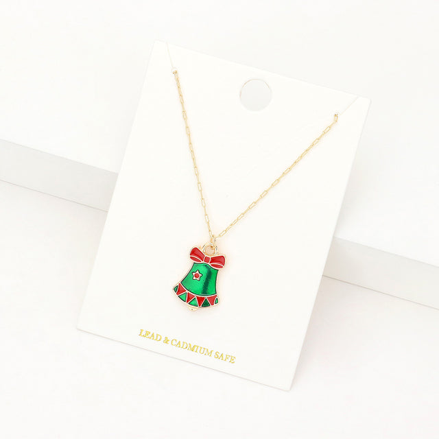 Madeline Love Green Enamel Christmas Bell Pendant Necklace - Jewelry