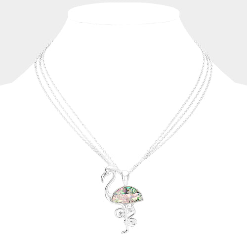 Abalone Metal Flamingo Pendant Triple Chain Layered Necklace - Abalone