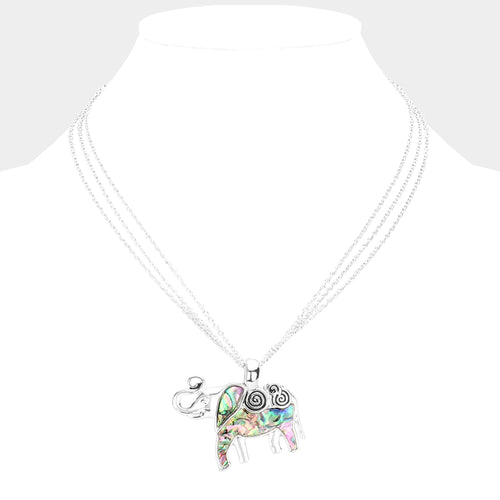 Abalone Metal Elephant Pendant Triple Chain Layered Necklace - Abalone