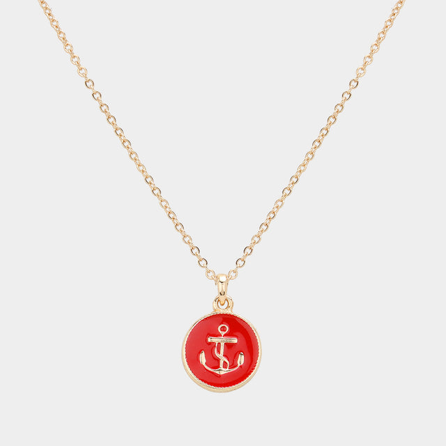 Red Enamel Anchor Disc Pendant Necklace