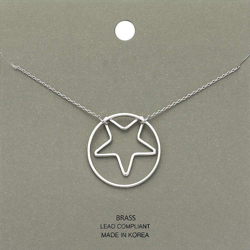 Brass Metal Open Circle Star Pendant Necklace - Rhodium