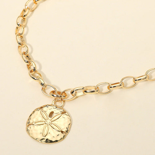 Women's Hammered Metal Sand Dollar Pendant Chunky Chain Statement Necklace - Gold