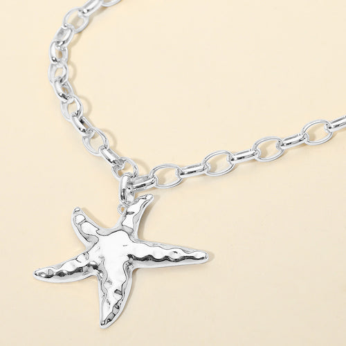Hammered Metal Starfish Pendant Chunky Chain Necklace - Rhodium