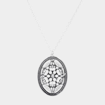 Madeline Love Antique Silver Bead Embellished Antique Metal Oval Pendant Necklace - Necklaces