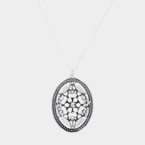Bead Embellished Antique Metal Oval Pendant Necklace - Antique Silver