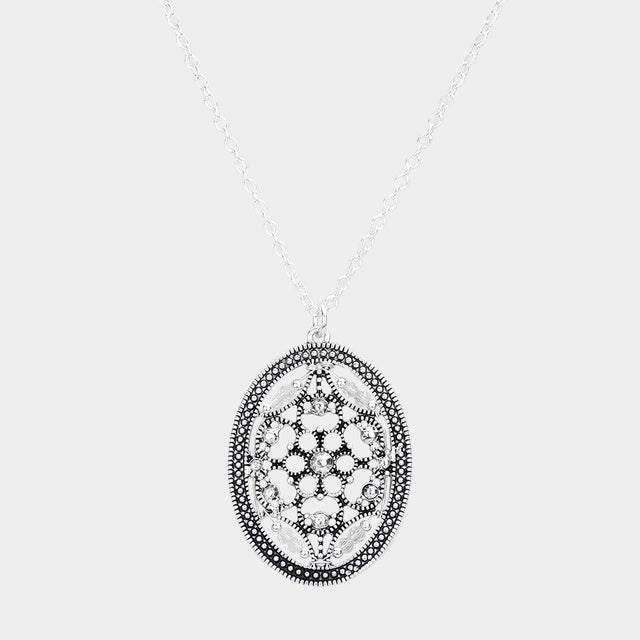 Madeline Love Antique Silver Bead Embellished Antique Metal Oval Pendant Necklace - Necklaces
