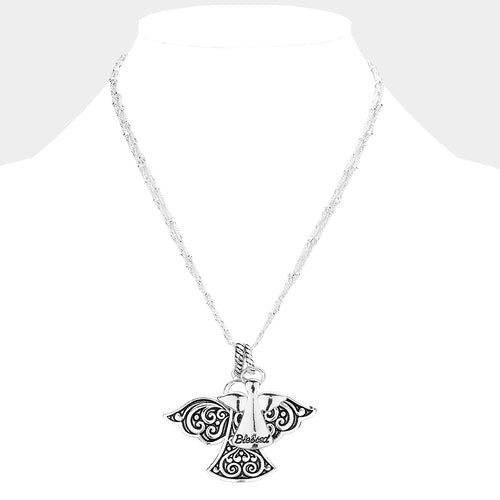 Blessed Antique Metal Angel Pendant Necklace - Antique Silver