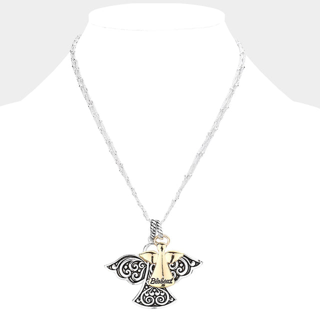 Madeline Love Two Tone Blessed Antique Metal Angel Pendant Necklace - Necklaces