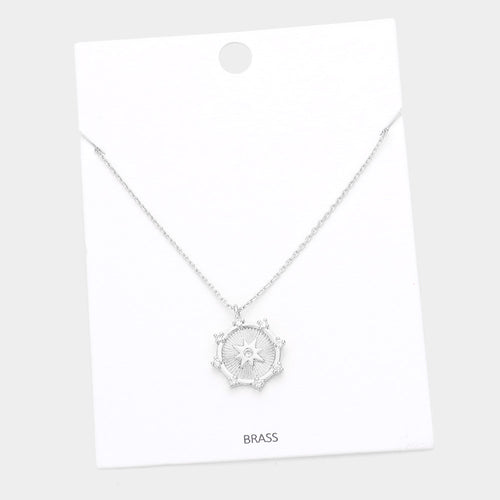 Brass Metal Rhinestone Embellished North Star Pendant Necklace - Rhodium
