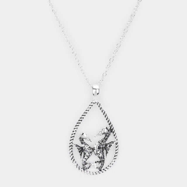 Madeline Love Antique Silver Seahorse Accented Open Teardrop Pendant Necklace - Necklaces