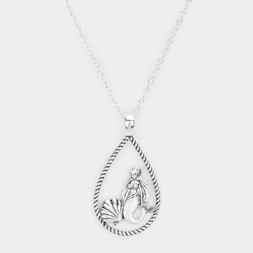 Madeline Love Antique Silver Mermaid Shell Accented Open Teardrop Pendant Necklace - Necklaces