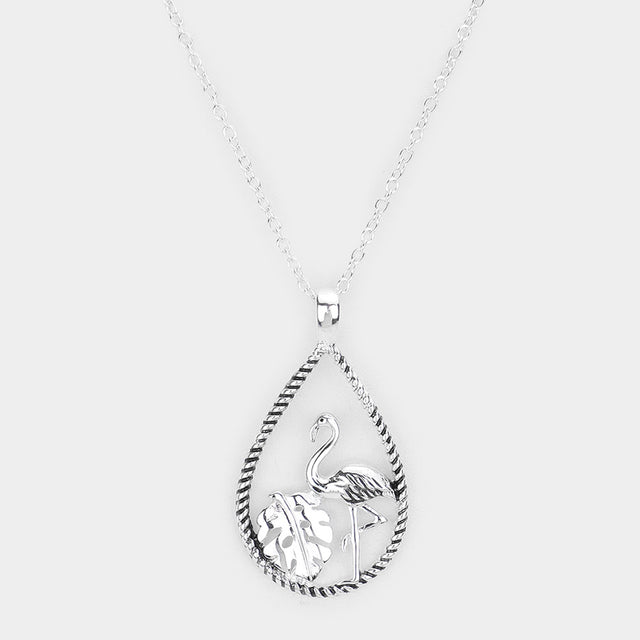 Madeline Love Antique Silver Flamingo Tropical Leaf Accented Open Teardrop Pendant Necklace - Necklaces