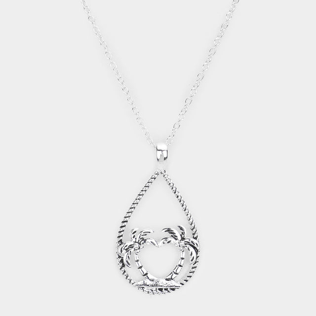 Madeline Love Antique Silver Palm Tree Accented Open Teardrop Pendant Necklace - Necklaces