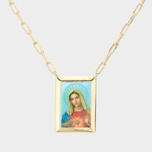 Gold Dipped Brass Metal Virgin Mary Pendant Necklace - Gold