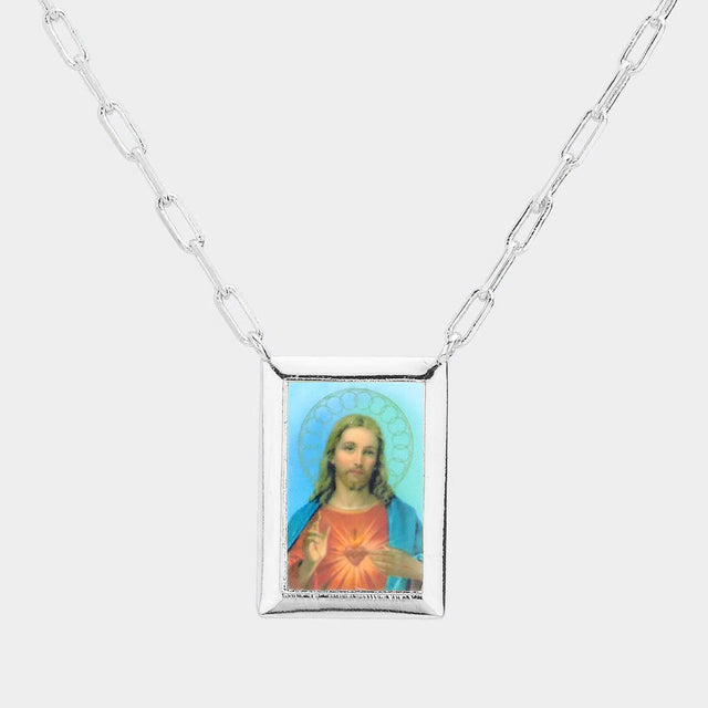 Madeline Love Rhodium White Gold Dipped Brass Metal Sacred Heart of Jesus Pendant Necklace - Necklaces