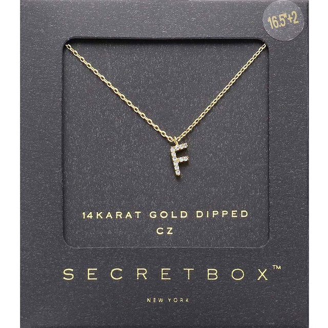 Madeline Love ~F~, Gold -F- Secret Box _ 14K Gold Dipped CZ Initial Monogram Pendant Necklace - Jewelry