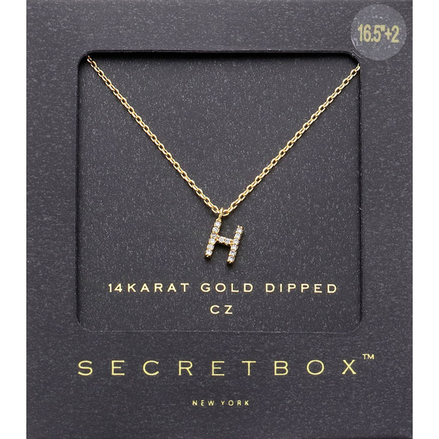 Madeline Love ~H~, Gold -H- Secret Box _ 14K Gold Dipped CZ Initial Monogram Pendant Necklace - Jewelry