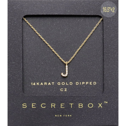 -J- Secret Box _ 14K Gold Dipped CZ Initial Monogram Pendant Necklace - ~J~, Gold