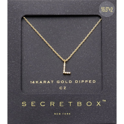 -L- Secret Box _ 14K Gold Dipped CZ Initial Monogram Pendant Necklace - ~L~, Gold