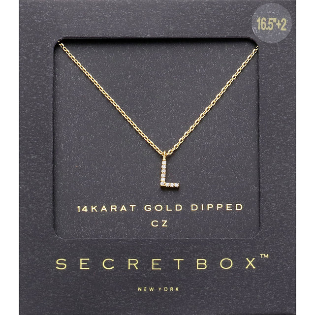 Madeline Love ~L~, Gold -L- Secret Box _ 14K Gold Dipped CZ Initial Monogram Pendant Necklace - Jewelry
