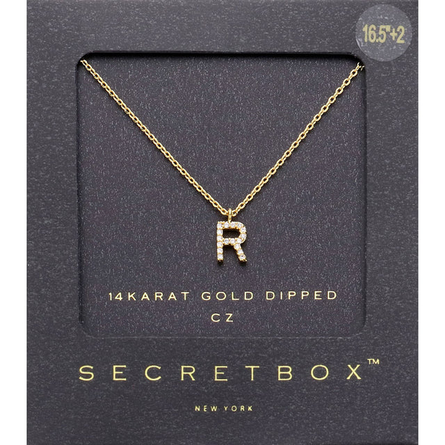 ~R~, Gold -R- Secret Box _ 14K Gold Dipped CZ Initial Monogram Pendant Necklace