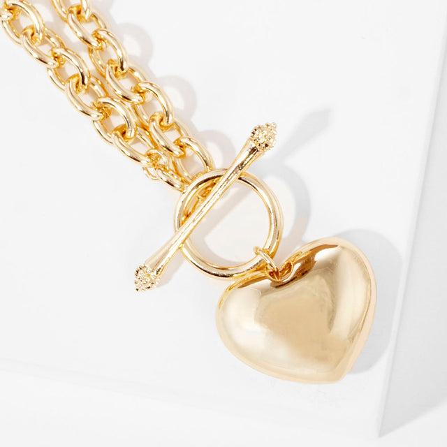 Gold Dipped Brass Metal Heart Pendant Toggle Necklace - Gold - Necklaces