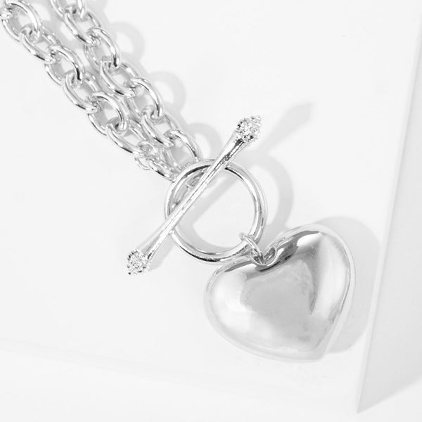 White Gold Dipped Brass Metal Heart Pendant Toggle Necklace