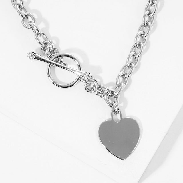 White Gold Dipped Brass Metal Heart Lock Pendant Toggle Necklace - Rhodium - Necklaces