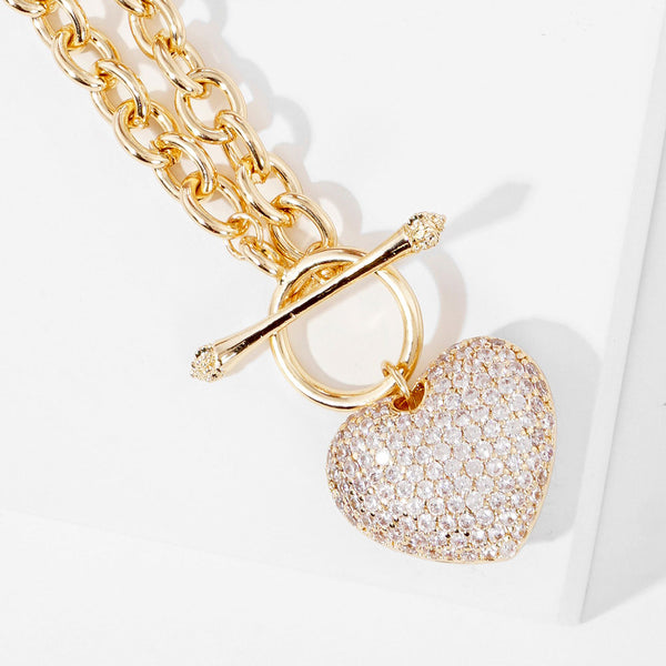 Gold Dipped CZ Pave Heart Pendant Toggle Necklace