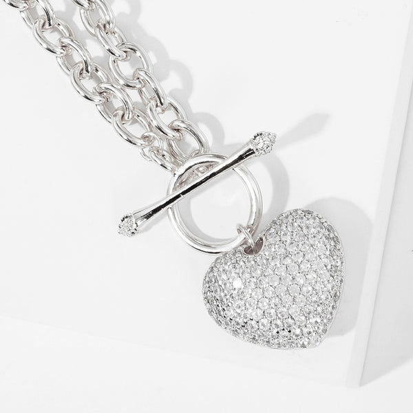 White Gold Dipped CZ Pave Heart Pendant Toggle Necklace