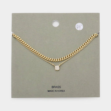 Madeline Love Gold Stone Paved Square Pendant Double Layered Necklace - Necklaces