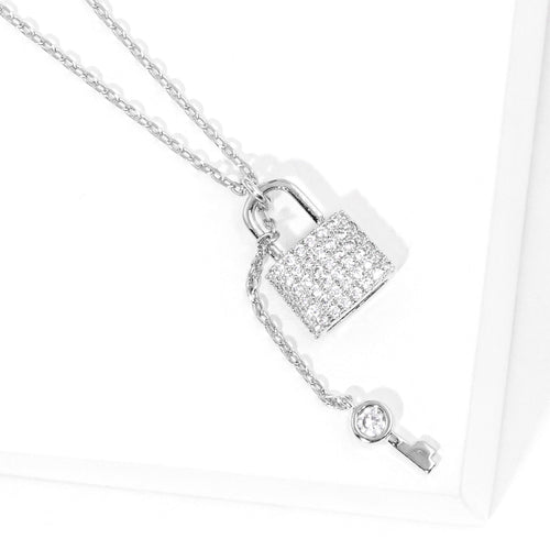 White Gold Dipped Rhinestone Key Lock Pendant Necklace - Clear, Rhodium