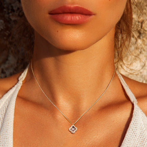 White Gold Dipped Rhinestone Quatrefoil Pendant Necklace - Rhodium