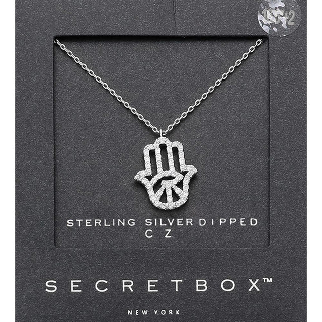 Madeline Love Silver SECRET BOX_ Sterling Silver Dipped CZ Hamsa Hand Evil Eye Pendant Necklace - Jewelry