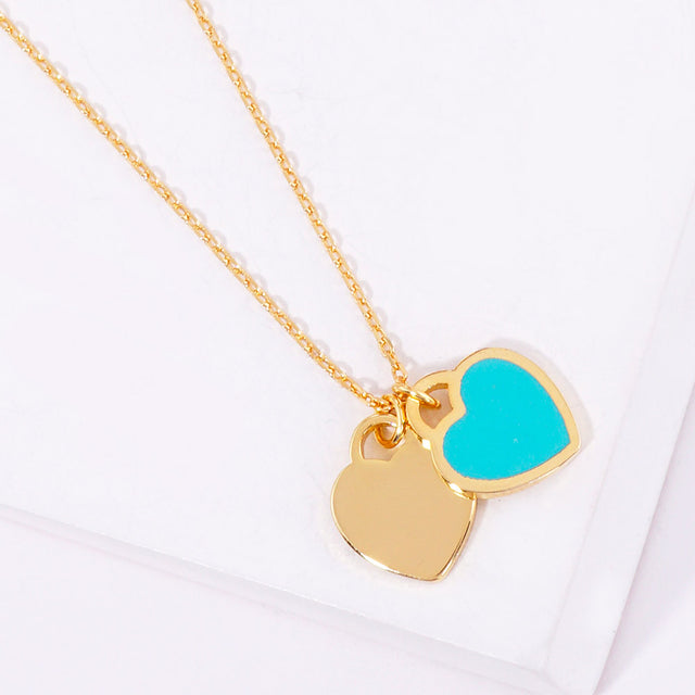 Enamel Metal Double Heart Pendant Necklace - Gold Turquoise - Necklaces